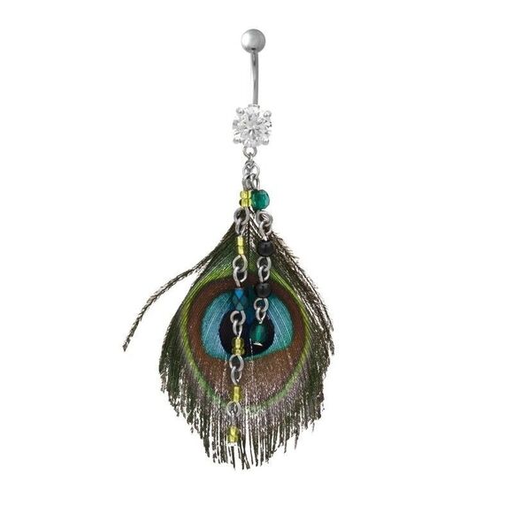 Body Vibe Jewelry - Enchanted Peacock Feather and Gem Dangle Navel Ring